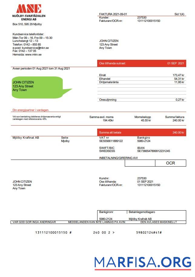 Printable Sweden Mjölby Kraftnat AB utility bill template in .doc and .pdf format